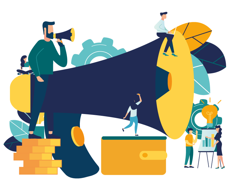 Large megaphone with people describing communication in business projects